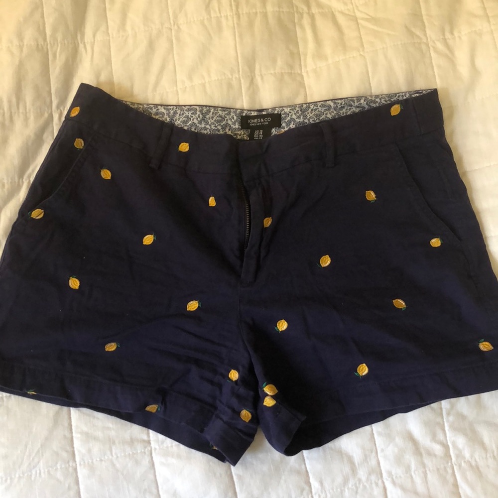 Jones & CO navy shorts with embroidered lemons